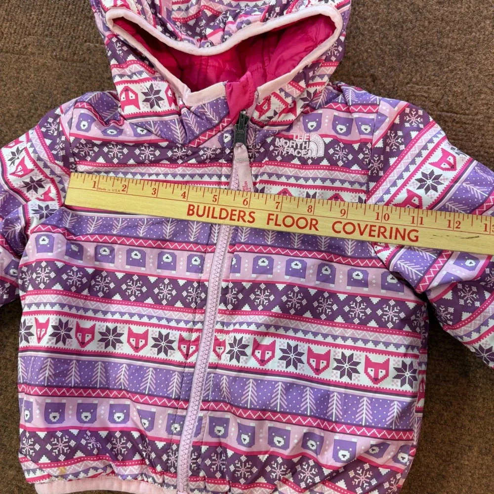 B+ The North Face Kids Purple Pink Fair Isle Fox Bear Puffer Jacket Hooded Coat